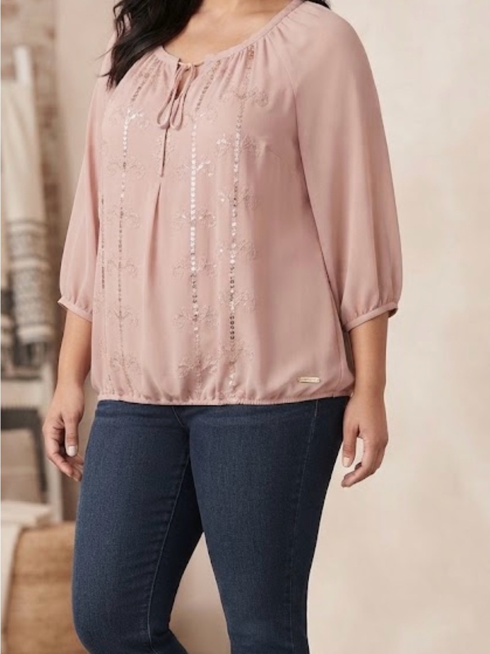 NWOT Lane Bryant Blush Tie-Neck Peasant Top with Sequin Detail